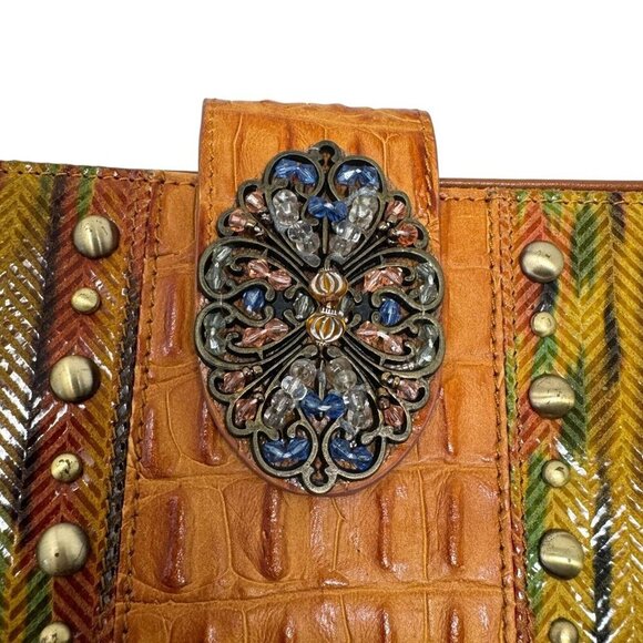 Sharif jeweled beaded print leather trifold wallet Vintage Artsy Brown multi - Picture 2 of 12